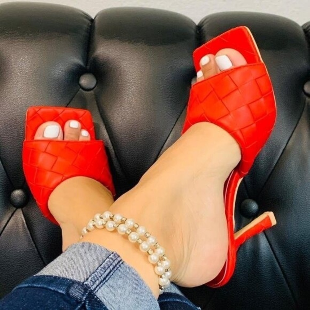 Red Faux Leather Women PeepToe Sexy Heels Slip On Party Christmas Sandals Sz 6.5